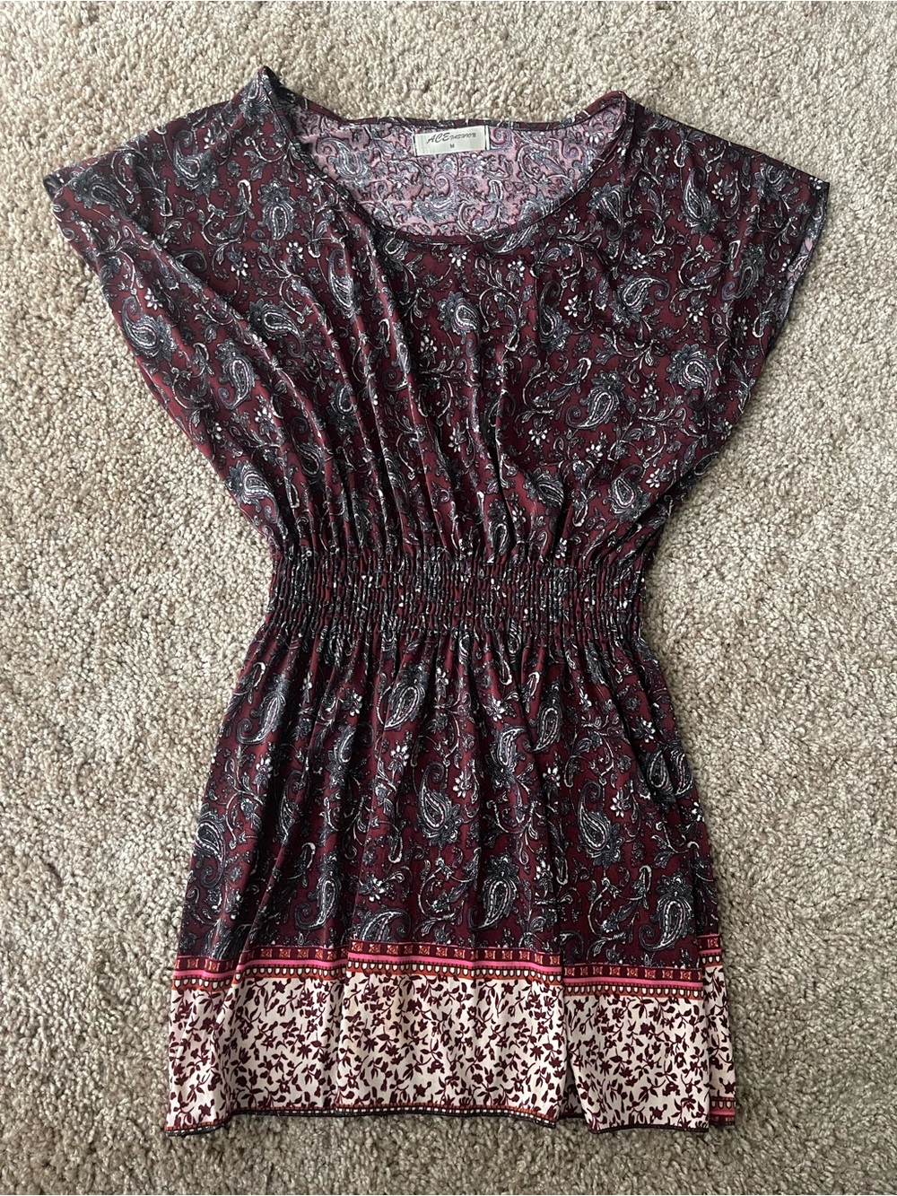 Ace Fashion Maroon & Black Paisley Cap Sleeve Tunic Dress - Medium